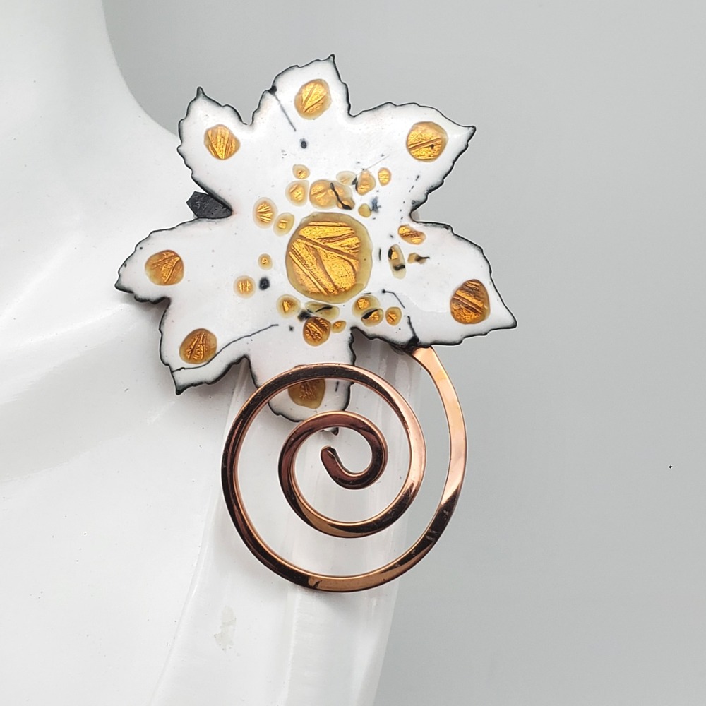 Matisse Renoir Brooch White Gold Enamel Copper Maple Leaf Spiral Pin Mid Century